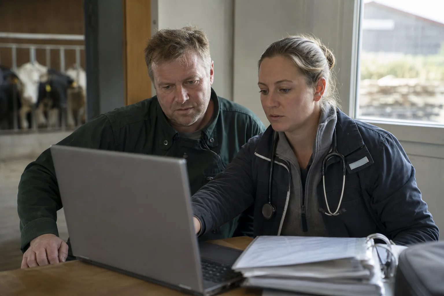 Tierärztin und Rinderhalter prüfen Daten zu einer Behandlung am Laptop