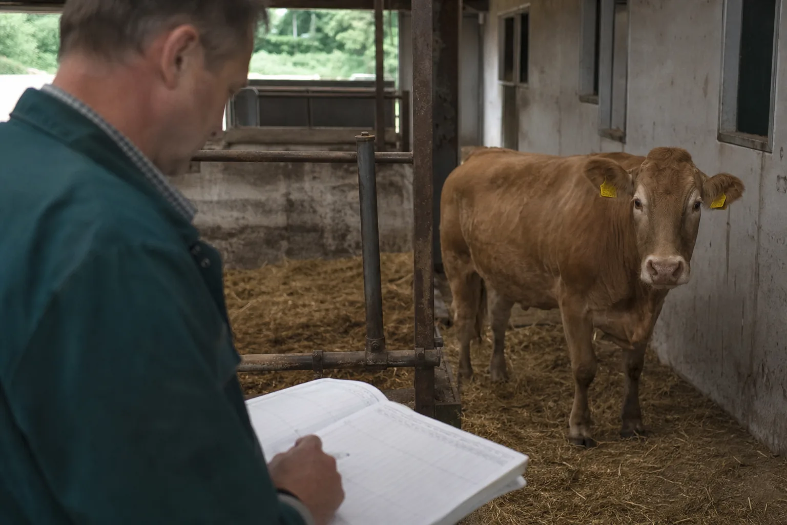 Mutterkuh mit Ohrmarke und Behandlungsblatt im Stall