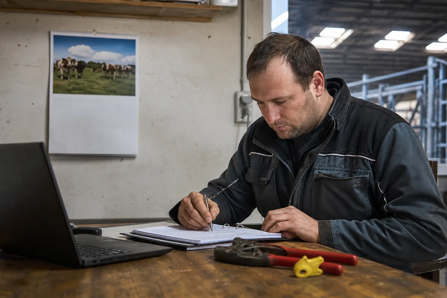 Kalender und Laptop im Stallbüro für Meldetermine in der Tierhaltung
