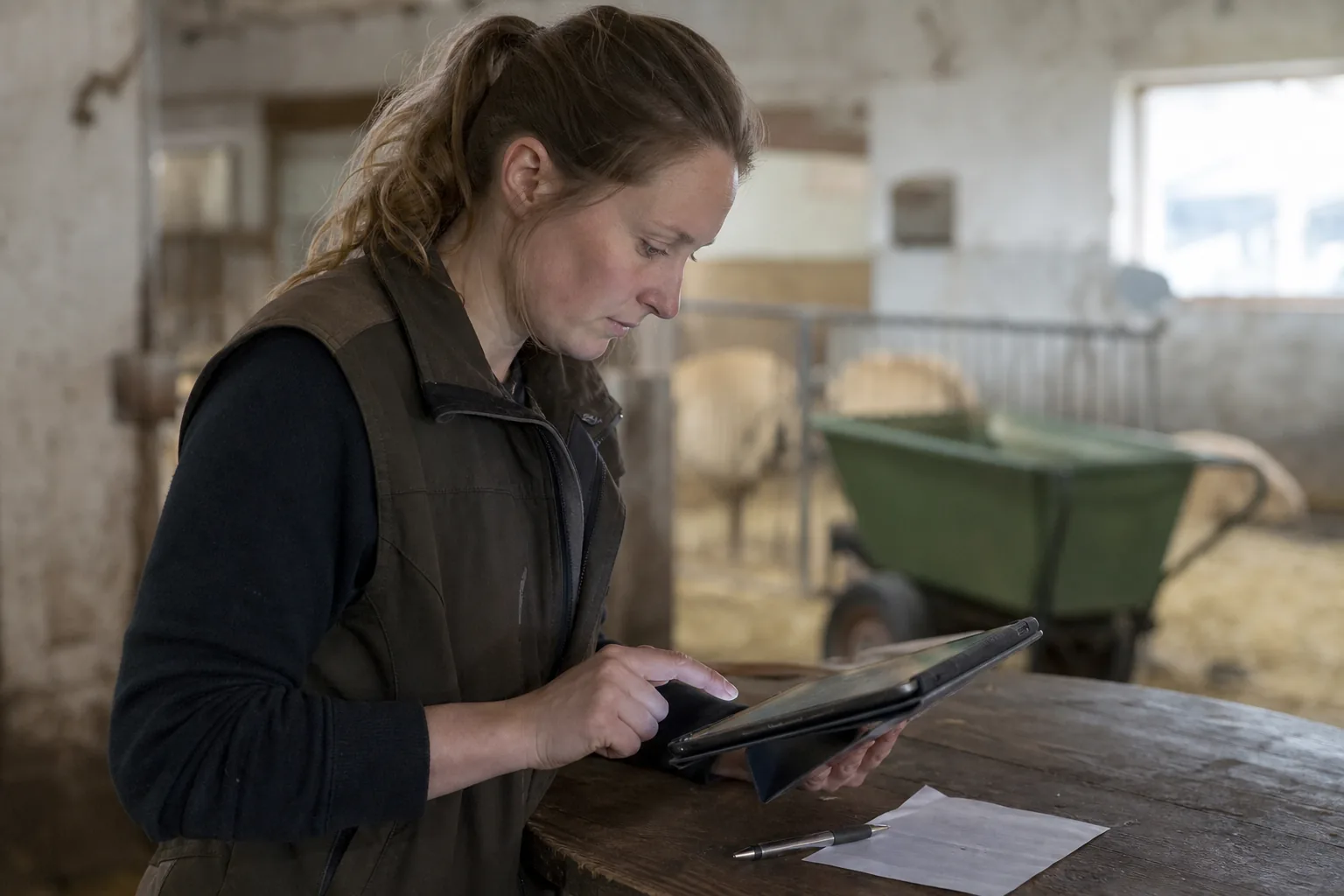 Tierhalterin dokumentiert eine Behandlung auf einem Tablet