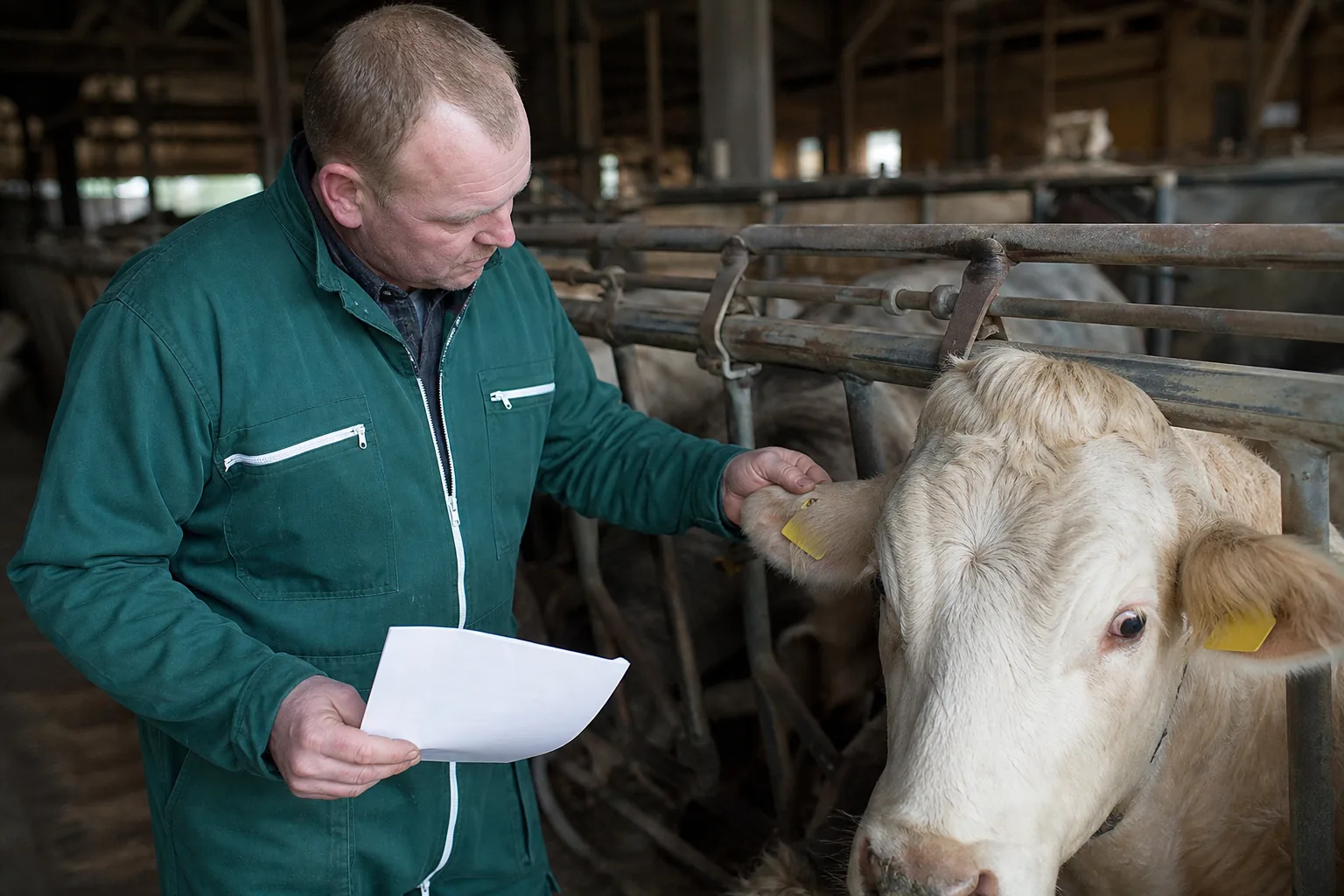 Landwirt prüft Ohrmarke und Begleitpapier bei einem Rinderzugang