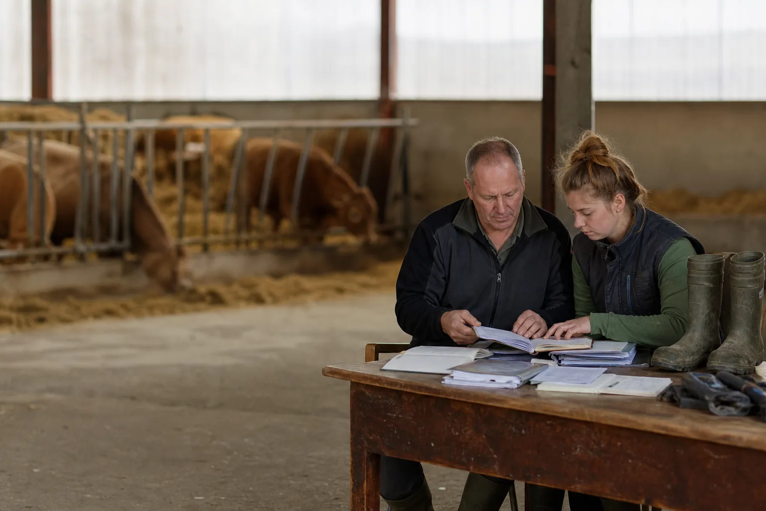 Zwei Generationen eines Tierhalterbetriebs prüfen Unterlagen am Hoftisch